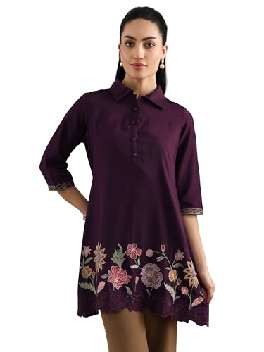 Libas WomenS Silk Blend Embroidered Straight Kurti (58312_Burgundy