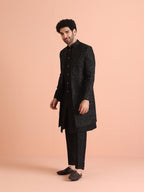 Kisah Mens Jacket Sherwani Trouser Set|Blended Fabric Embellished Pattern Indo-Western Set For Men|Regular Fit Mandarin Collar L