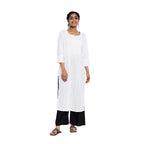 Fabindia Women Cotton Pintuck Hand Block Printed Long Kurta White