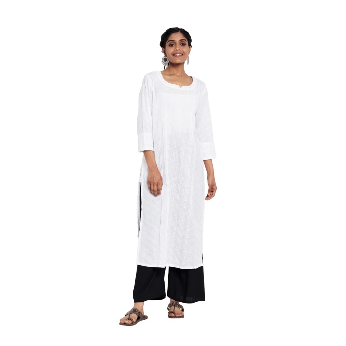 Fabindia Women Cotton Pintuck Hand Block Printed Long Kurta White