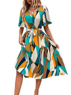 Kzully | Women A-Line Dress With Pleats, Has An V-Neck, Printed Top Comes With A Belt Yellow