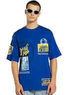 Bewakoof Mens Graphic Printed Oversized Fit Half Sleeve Round Neck 100% Cotton T-Shirt_676081_Blue_XL