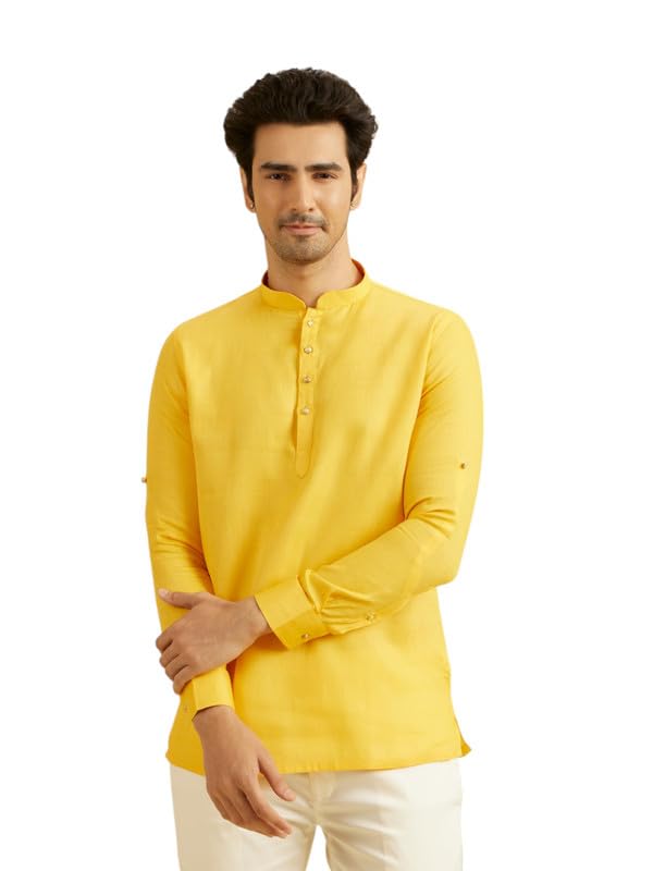 Manyavar Mens Cotton Solid Short Kurta (Mustard,XXL)