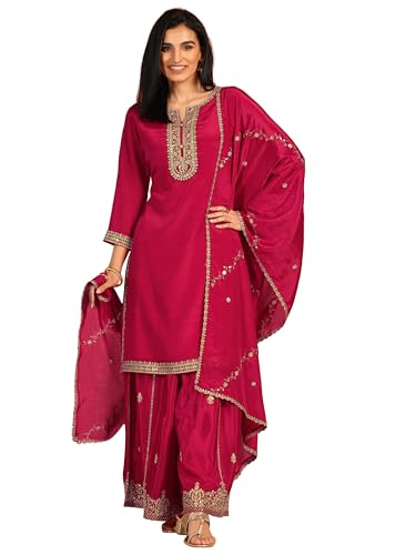 Libas Womens Embellished Chinon Straight Kurta With Palazzos And Dupatta