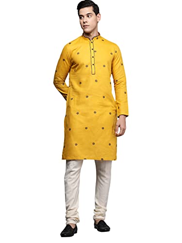 Manyavar MenS Kurta, Full Sleeves Mandarin Collar Ethnic Knee Length Kurta, Blended Linen Printed Kurta For Festival, Wedding, 