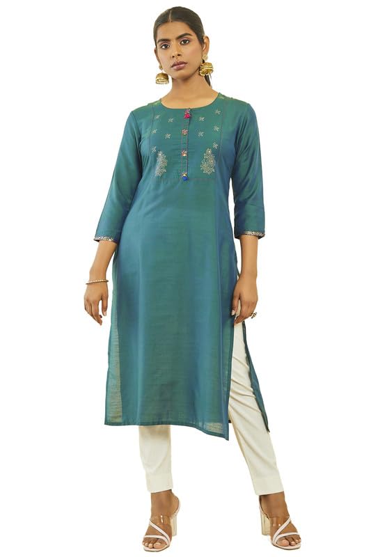 Soch Womens Green Silk Blend Botanical Foil Print Straight Kurta