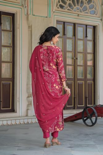 ANNI DESIGNER Womens Cotton Blend Straight Printed Kurta with Pant & Dupatta (SHOKO RED_M_Red_Medium)