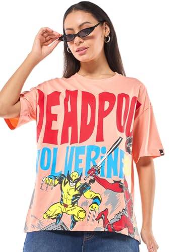 Bewakoof Official Marvel Merchandise Wolverine Womens Graphic Printed Oversized Fit Half Sleeve Round Neck Cotton Jersey T-Shir