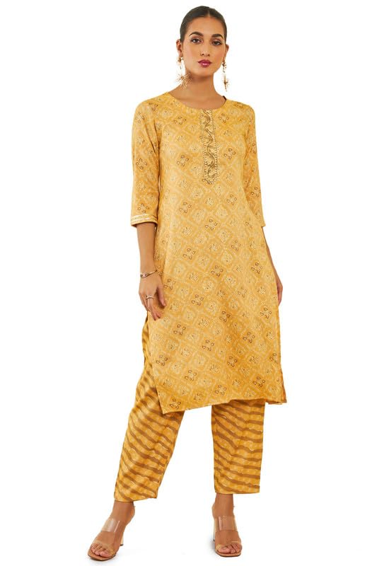 Soch Women Rayon Printed Straight Kurta Set with Gota Patti Work