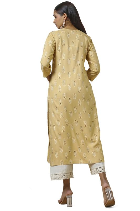 Soch Womens Beige Rayon Foil Print Kurta with Gotta Patti