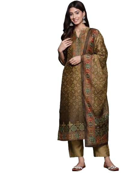 Varanga Women Olive Abstract Printed Straight Kurta Paired With Solid Bottom And Printed Dupatta