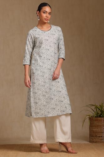 Soch Womens Off White Linen Botanical Print Kurta