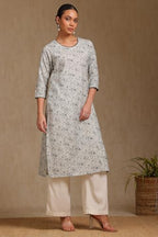 Soch Womens Off White Linen Botanical Print Kurta