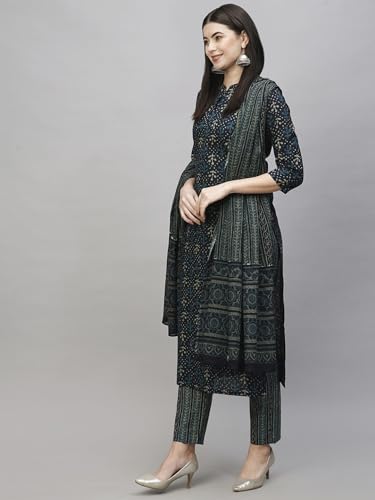 ANNI DESIGNER Womens Cotton Blend Straight Printed Kurta with Pant & Dupatta (Vakula Green_S_Green_Small)