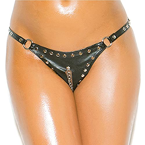 LEATHER CUT OUT THONG W/ CHAIN BLACK O/S