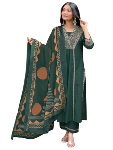 Anni Designer WomenS Rayon Viscose Anarkali Printeded Kurta With Pant & Dupatta (Triguni Green-Vks01_Xxl_Green_Xx-Large)