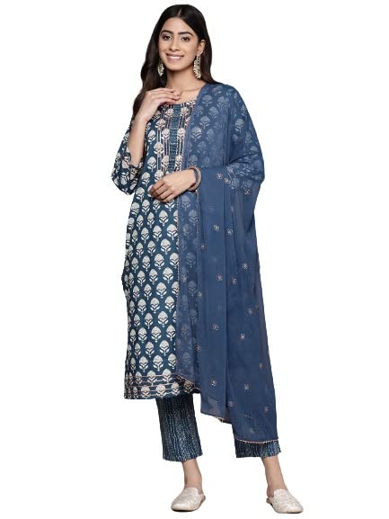 Anubhutee Women'S Cotton Blue Gota Patti Floral Printed Straight Kurta Suit Set With Pants And Dupatta