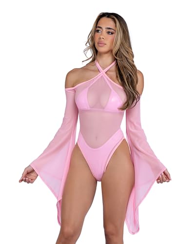 6497 - Sheer Mesh Romper with Bell Sleeves