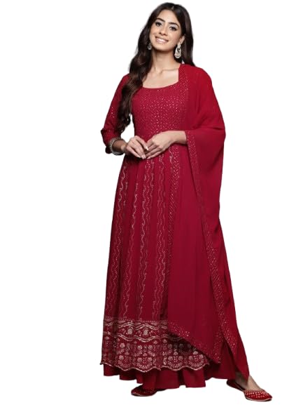 Libas Maroon Embroidered Georgette A (Line Kurta set for Women (34821RXXL)