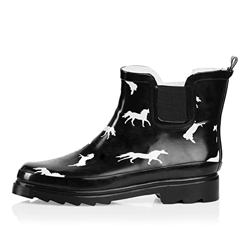 NORTY - Womens Ankle Rain Boots - Ladies Waterproof Winter Spring garden Boot Horse Black Size 9