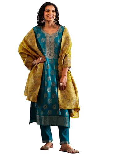 Libas Art Womens Woven Design Silk Blend Straight Kurta With Trousers And Dupatta
