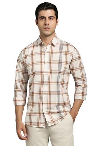 Louis Philippe Men Beige Check Full Sleeves Casual Shirt