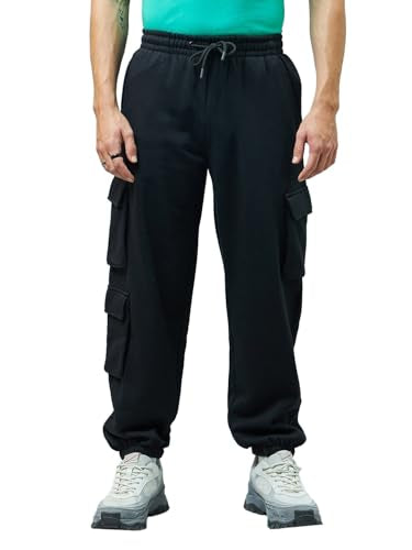 Bewakoof MenS Solid Super Loose Fit Cotton Blend Cargo Joggers_ 617399 Black Xl