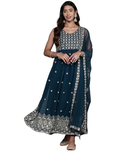 Libas Womens Embroidered Georgette A-Line Kurta With Trousers And Dupatta