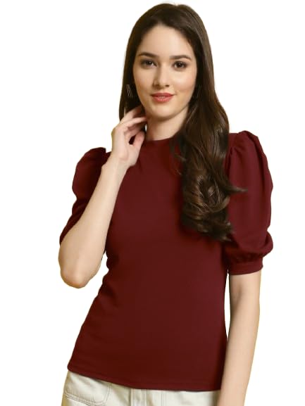 Pinkmint Polyester Round Neck Puff Sleeve Elegant Casual Top For Womens & Girls Ll Casual T-Shirt Ll Fancy Summer Wear Tops (Pac
