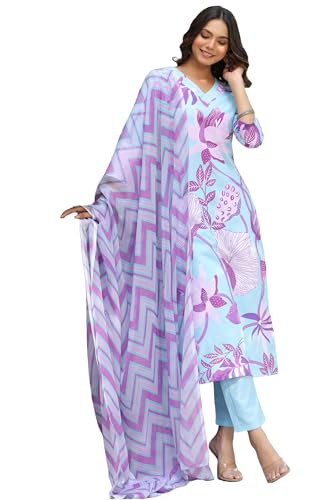 ANNI DESIGNER Womens Cotton Blend Straight Printed Kurta with Pant & Dupatta (Sohini Light Blue_S_Light Blue_Small)