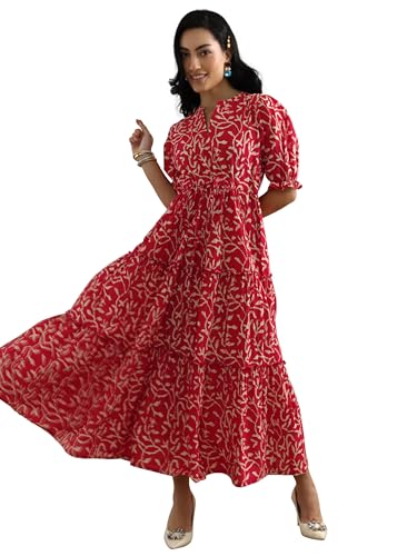 Libas Red Solid Cotton Fit And Flare Dresses For Women (29867Ixxl)