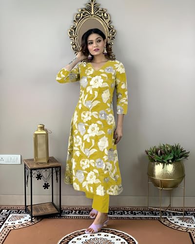 ANNI DESIGNER Womens Cotton Blend Straight Printed Kurta with Pant (DHUN Lemon_L_Lemon_Large)
