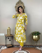 ANNI DESIGNER Womens Cotton Blend Straight Printed Kurta with Pant (DHUN Lemon_L_Lemon_Large)