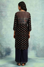 W For Woman Black Ajrakh Print Lustrous Satin Kurta