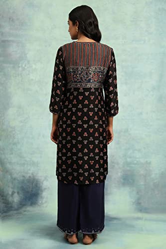 W For Woman Black Ajrakh Print Lustrous Satin Kurta