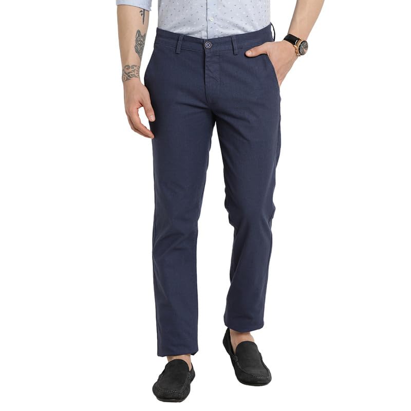 Turtle Men Cotton Stretch Blue Solid Ultra Slim Fit Casual Trouser