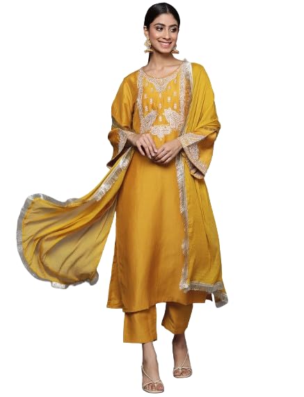 Varanga Women Mustard Embroidered Straight Kurta Paired With Tonal Bottom And Dupatta