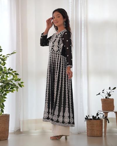 ANNI DESIGNER Womens Georgette Chikankari Embroidered Anarkali Kurti (Kari Black-KBV_L_Black_Large)