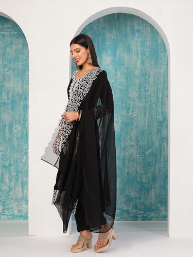 ANNI DESIGNER Womens Rayon Blend Straight Embroidered Kurta with Pant & Dupatta (TRP Black-NB_L_Black_Large)