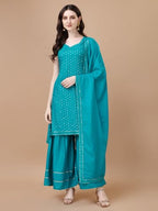 Pratham Blue Women'S Viscose Rayon Straight Kurta With Palazzos And Dupatta
