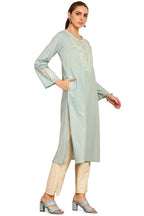 Soch Womens Powder Blue Solid With Yoke Embroidered Cotton Kurta With Lace