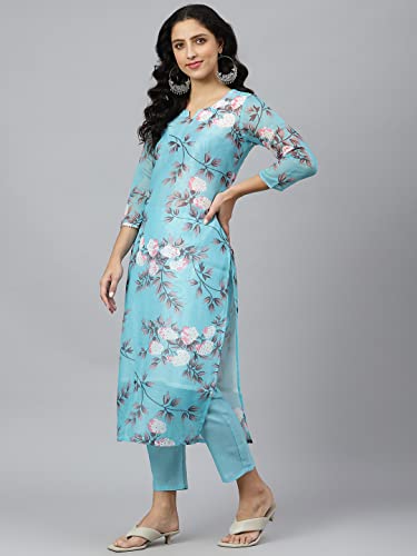 Anni Designer WomenS Cotton Blend Printed Straight Kurta With Pant & Dupatta (Itta Sty Blue_Xl_Blue_X Large)
