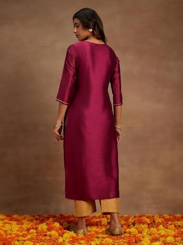 Libas Purple Embroidered Silk Straight Kurti