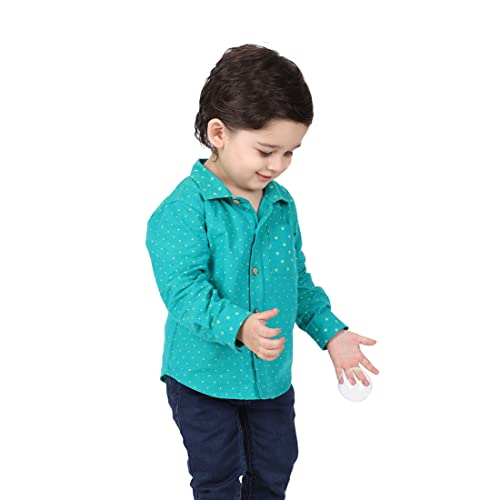 Fabindia Baby Fitted Boy Teal Cotton Hand Block Printed Straight Shirt (102709101