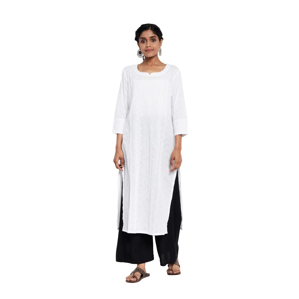 Fabindia Women Block Printed Long Kurta Cotton_S White
