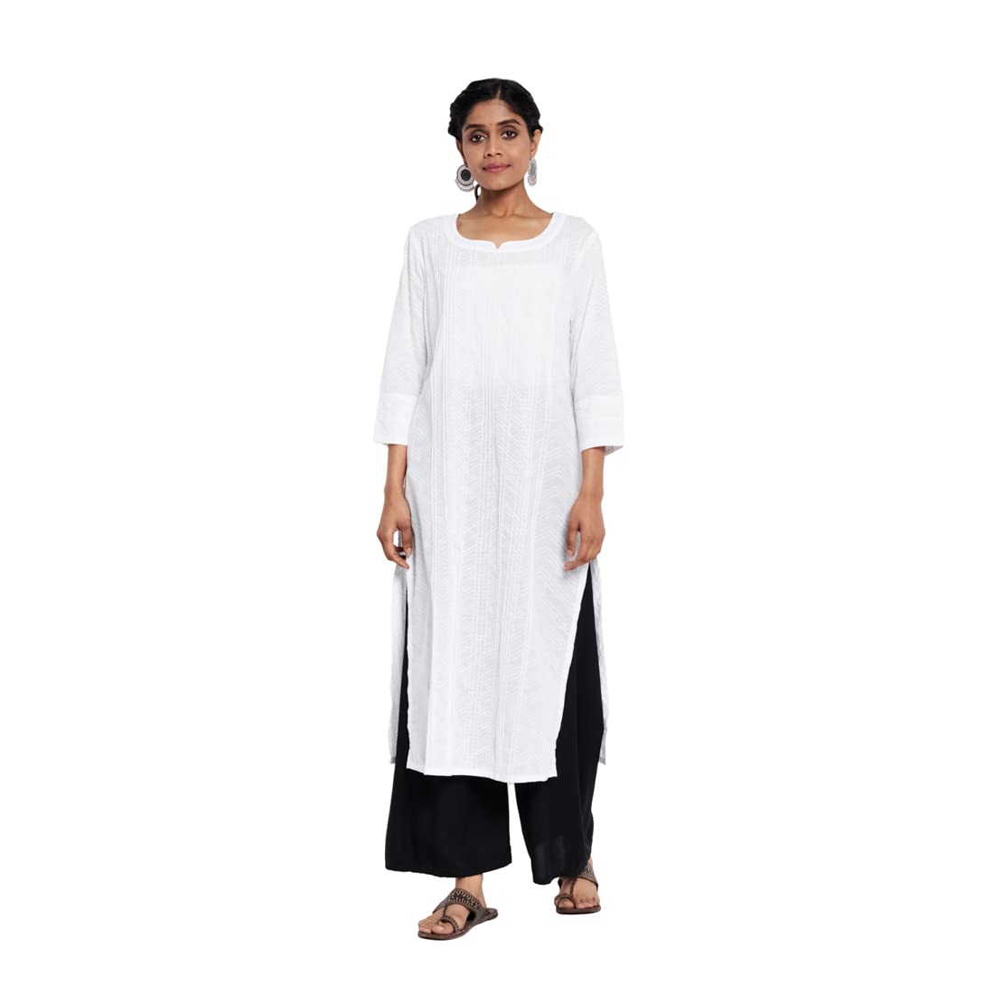 Fabindia Women Block Printed Long Kurta Cotton_S White