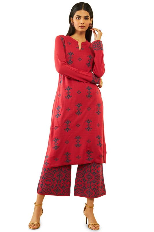 Soch Womens Rust Acrylic Ethnic Motifs Pattern Knitted Winter Kurta Set
