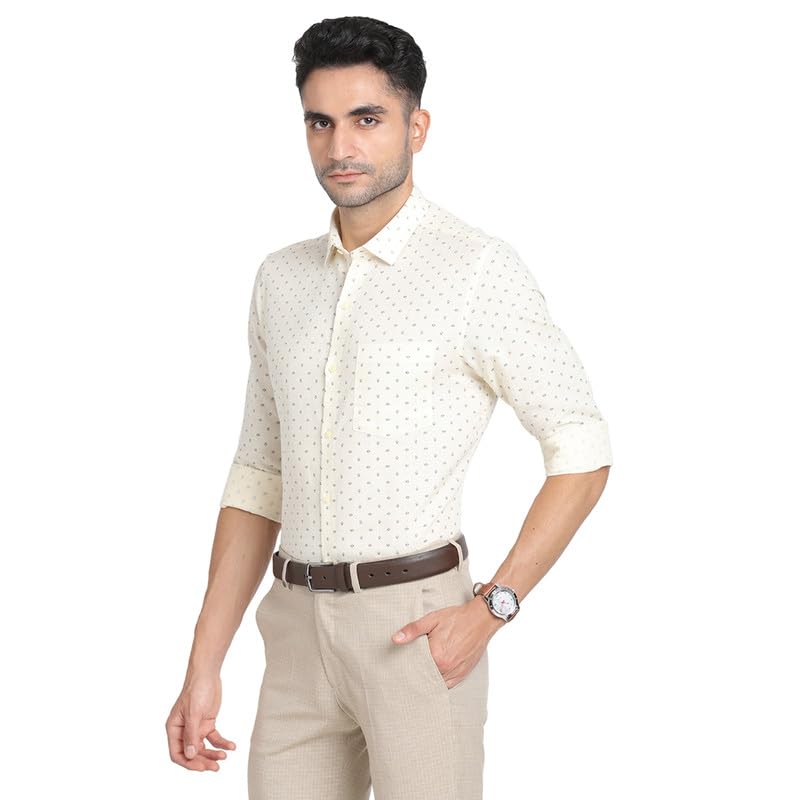 Turtle Men Cotton Linen Beige Printed Slim Fit Full Sleeve Formal Shirt