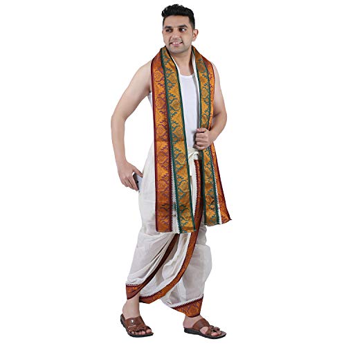 Prakasam Cotton MenS Panchakacham (Ready To Wear) Dhoti Towel Set With Pocket- Free Size. (Half White-2)