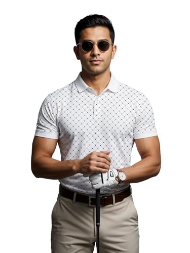 Mens Cotton Printed Polo Tshirt | 220 GSM Interlock Fabric | Slim Fit | Skin-Friendly Ink | Milk White Golf-Inspired Pattern T 